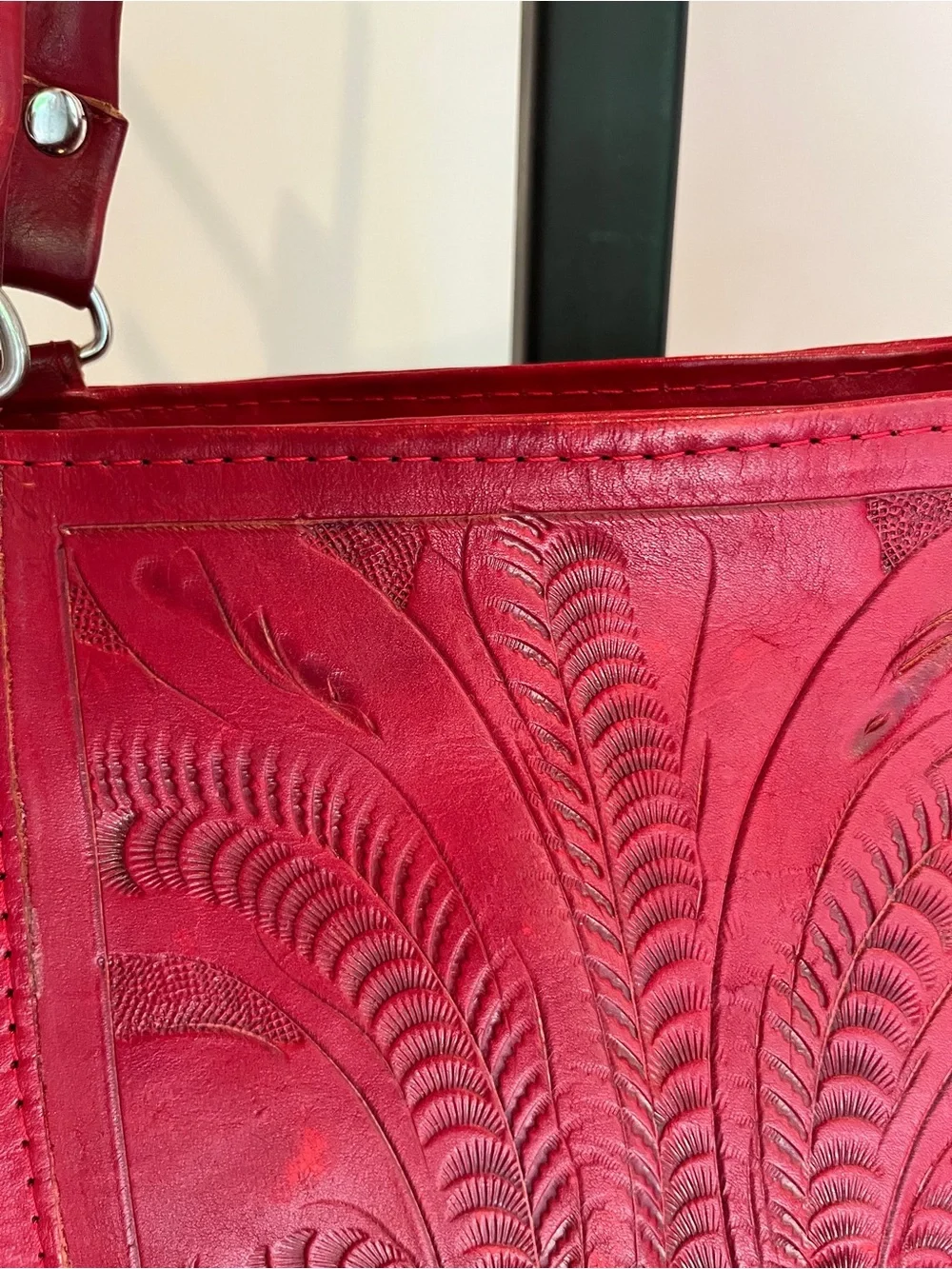 Vintage Red Embossed Leather Shoulder Tote
